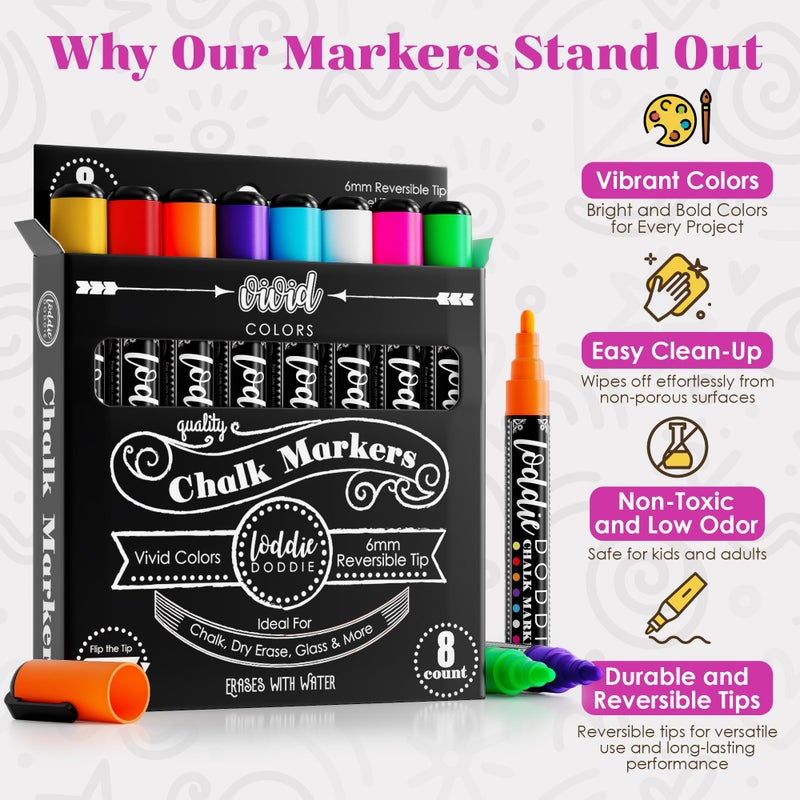 Loddie Doddie Liquid Chalk Markers - 8-Pack, 6mm Dual Tips - Chalk Markers for Blackboard & Chalkboard Paint - Washable Window Pens for Glass - Erasable Pens - Image 2